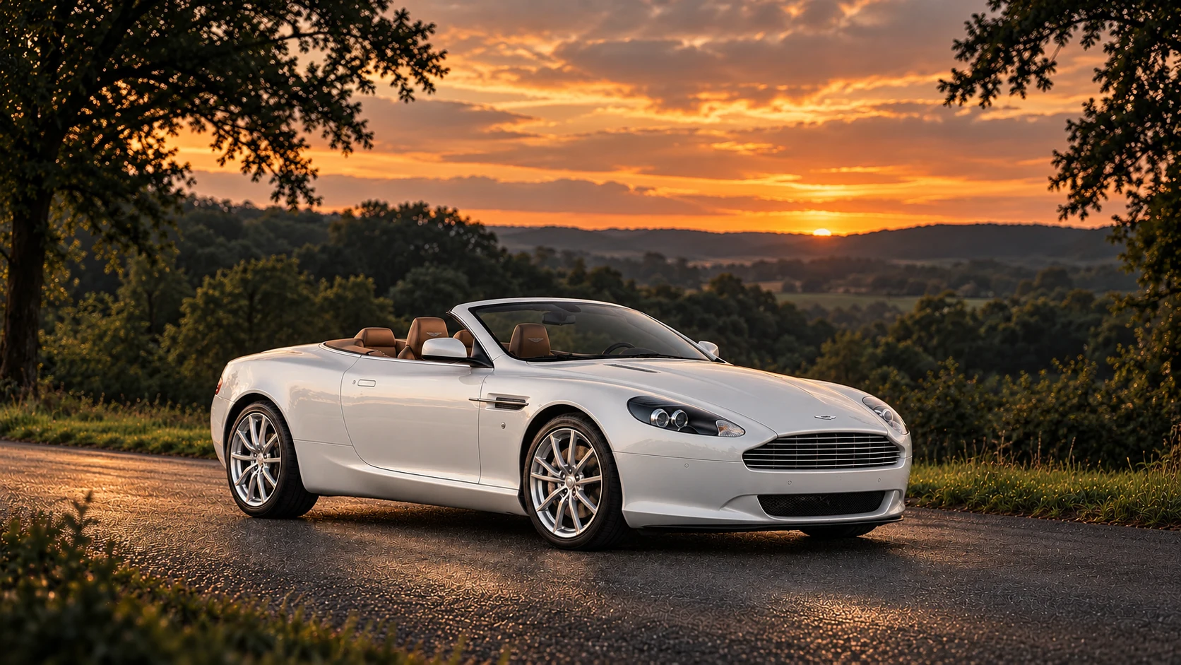 Aston Martin DB9 Morning Frost (2010) Volante (2010-2012), AI-generated editorial illustration in front three-quarter view facing right at dusk