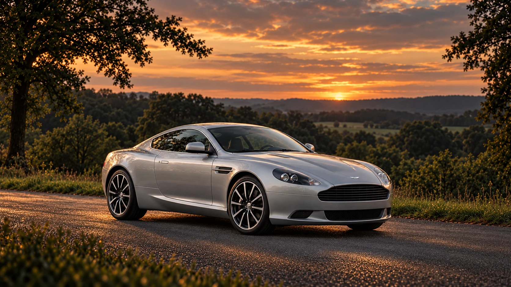 Aston Martin DB9 Quantum Silver (2010) Coupé (2010-2012), AI-generated editorial illustration in front three-quarter view facing right at dusk