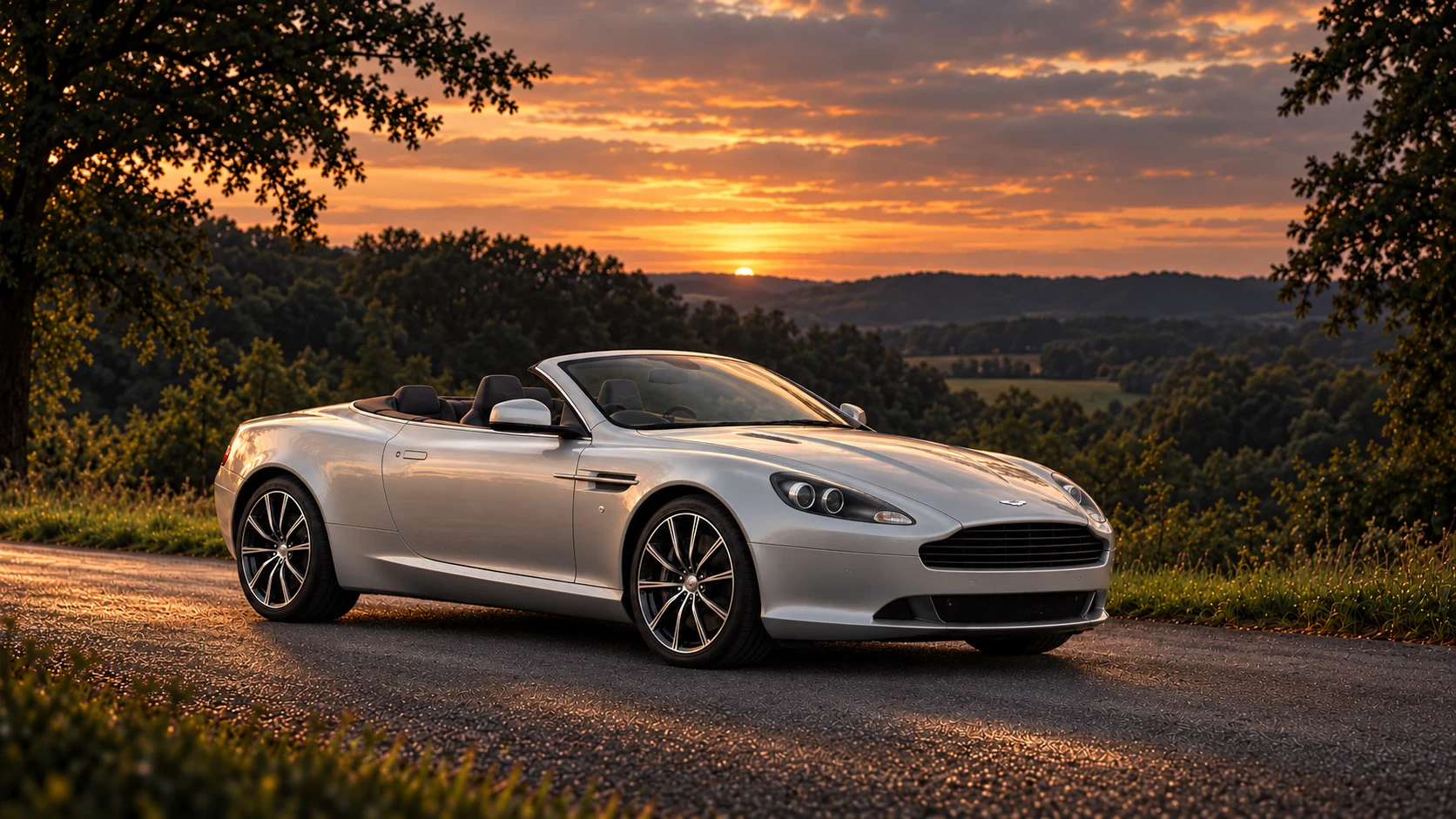 Aston Martin DB9 Quantum Silver (2010) Volante (2010-2012), AI-generated editorial illustration in front three-quarter view facing right at dusk