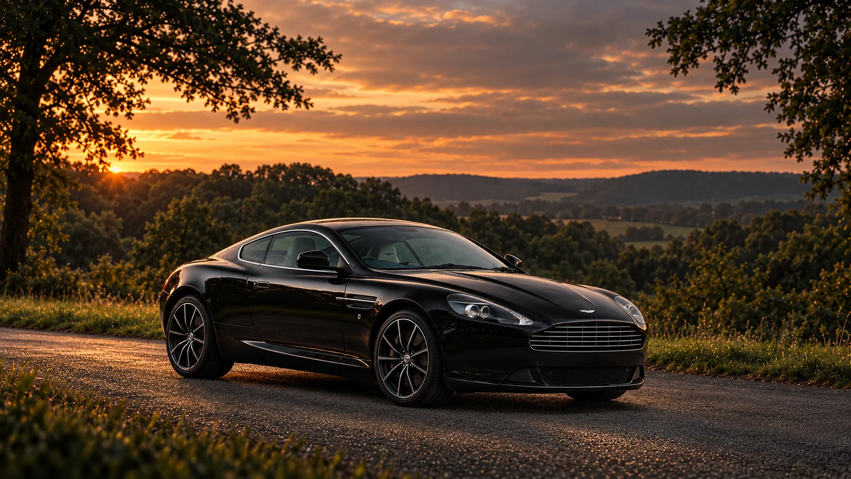Aston Martin DB9 Stratstone Edition Coupé (2010 built; 2011 model year), AI-generated editorial illustration in front three-quarter view facing right at dusk