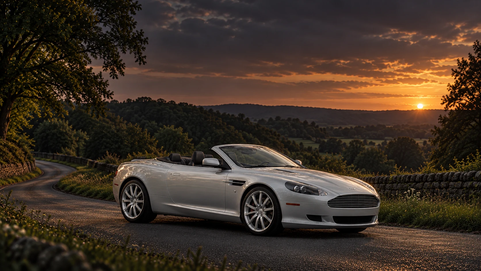 Aston Martin DB9 Volante (2004-2016), AI-generated editorial illustration in front three-quarter view facing right at dusk