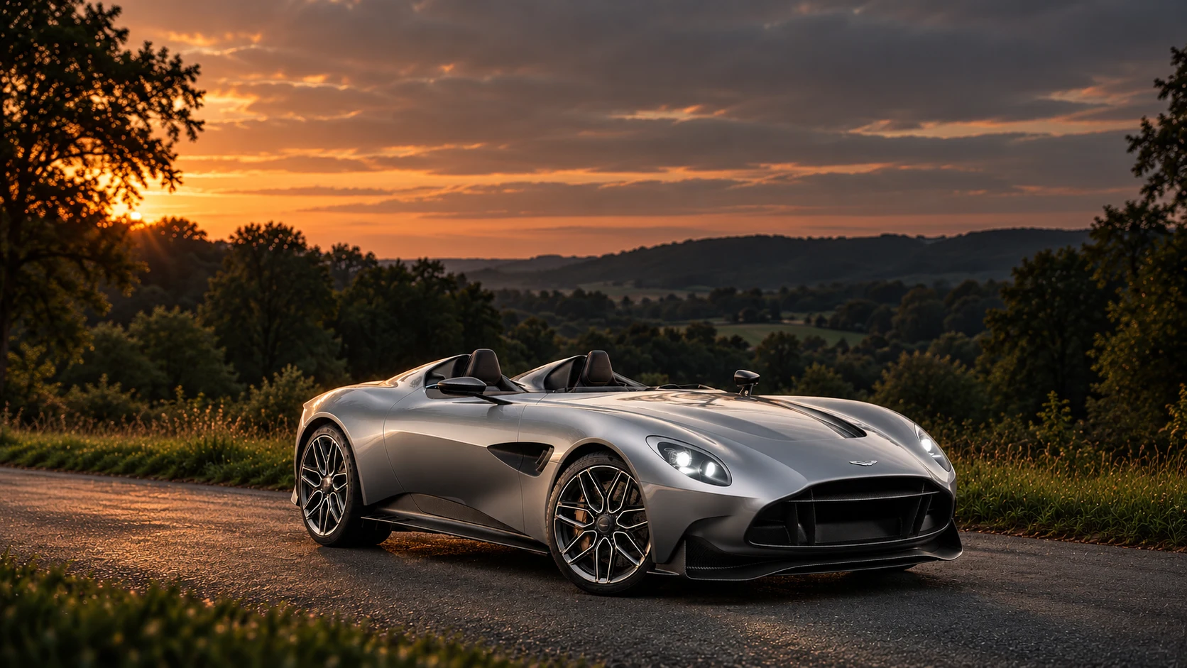 Aston Martin DBR22 (2022 announced; deliveries reported in 2023), AI-generated editorial illustration in front three-quarter view facing right at dusk