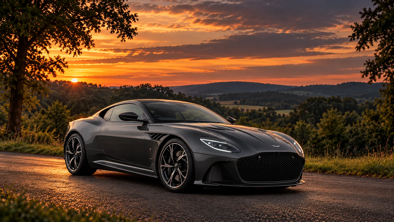 Aston Martin DBS Superleggera 007 Edition (2020 limited series), AI-generated editorial illustration in front three-quarter view facing right at dusk