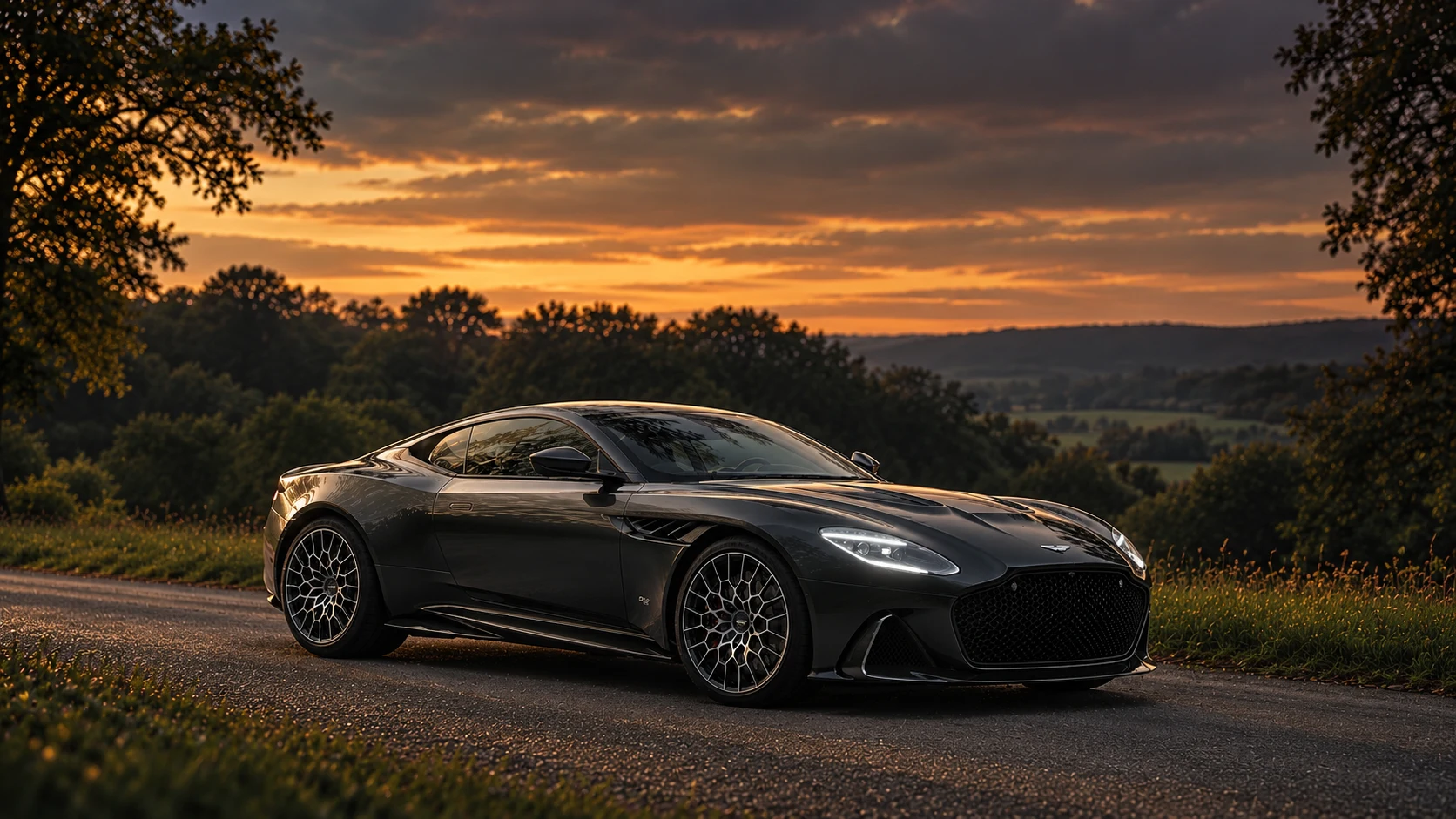 Aston Martin DBS 770 Ultimate Coupé (2023), AI-generated editorial illustration in front three-quarter view facing right at dusk
