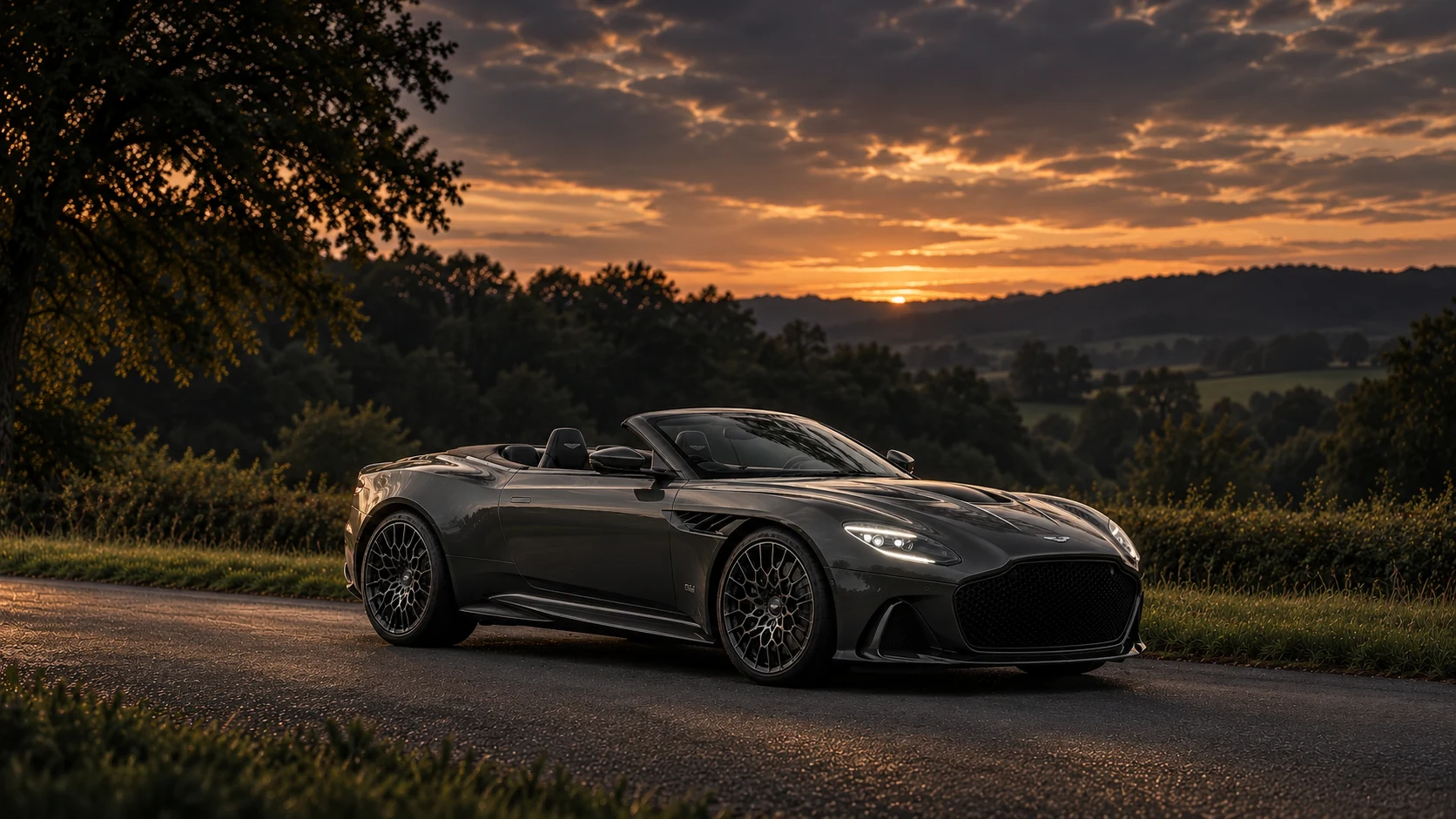 Aston Martin DBS 770 Ultimate Volante (2023), AI-generated editorial illustration in front three-quarter view facing right at dusk