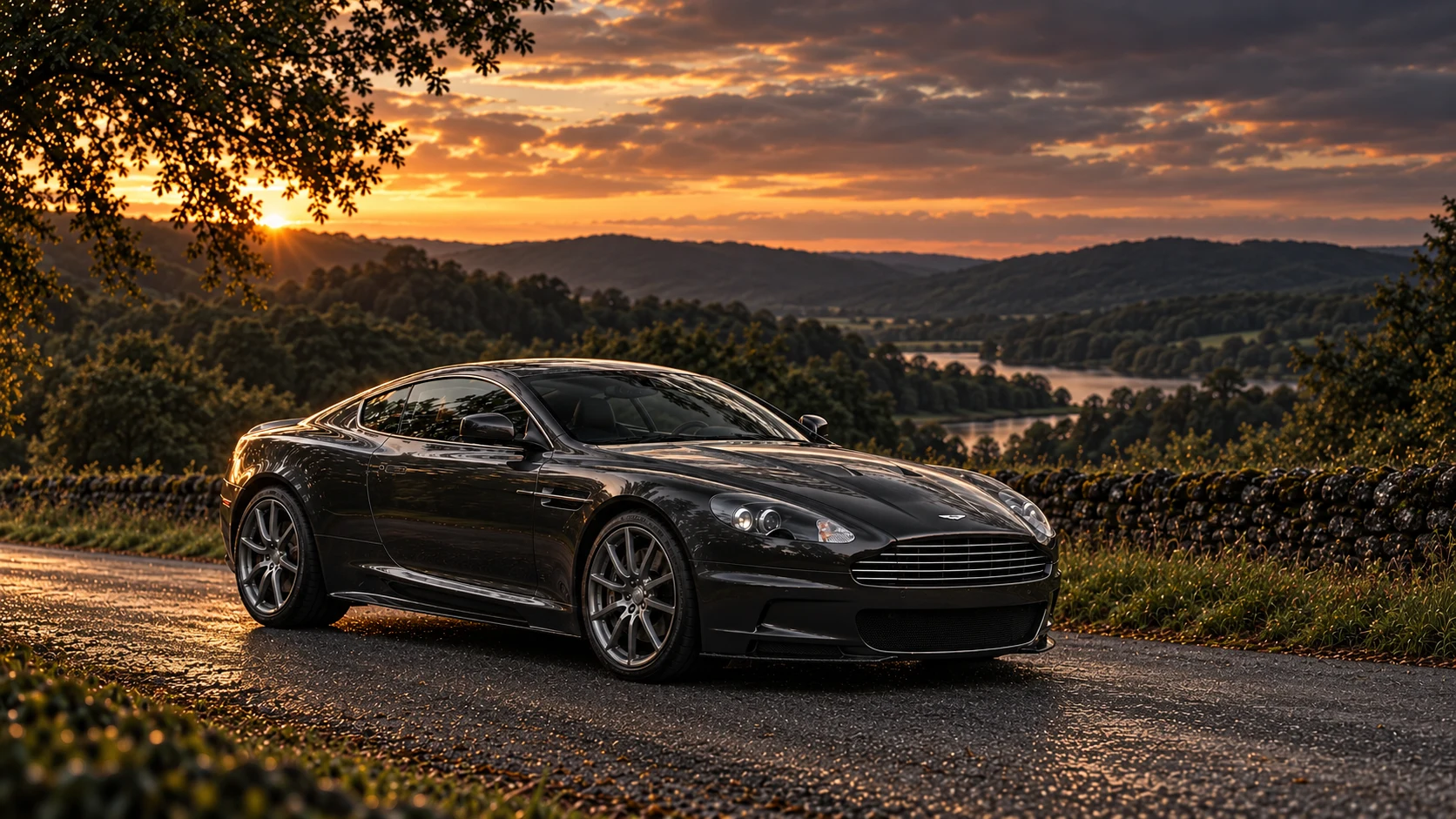Aston Martin DBS Carbon Black Coupé (2010-2012), AI-generated editorial illustration in front three-quarter view facing right at dusk
