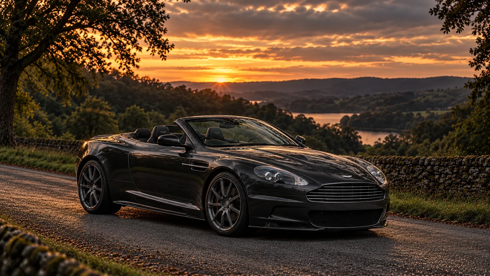 Aston Martin DBS Carbon Black Volante (2010-2012), AI-generated editorial illustration in front three-quarter view facing right at dusk