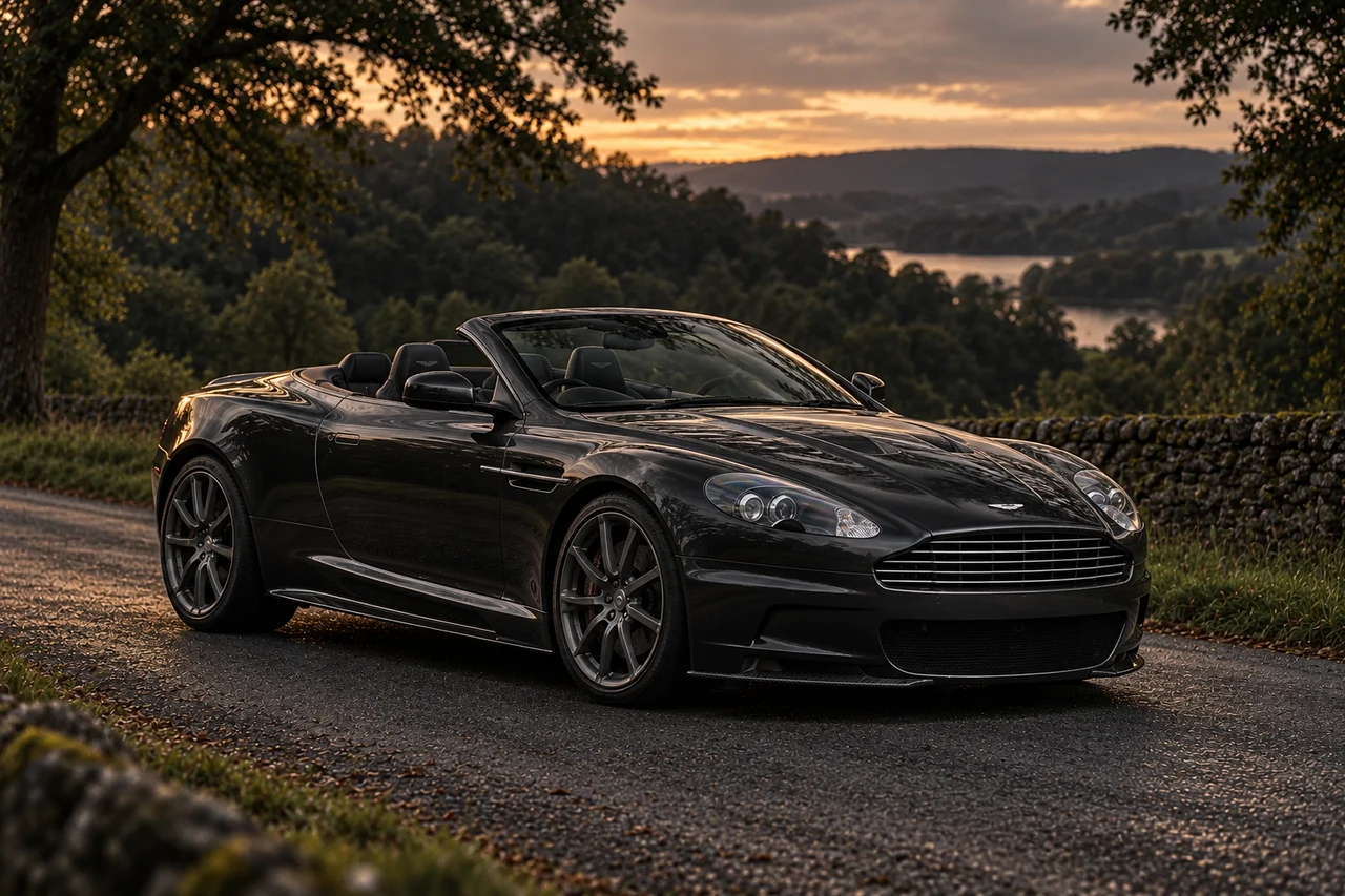 Aston Martin DBS Carbon Black Volante (2010-2012), AI-generated editorial illustration in front three-quarter view facing right at dusk