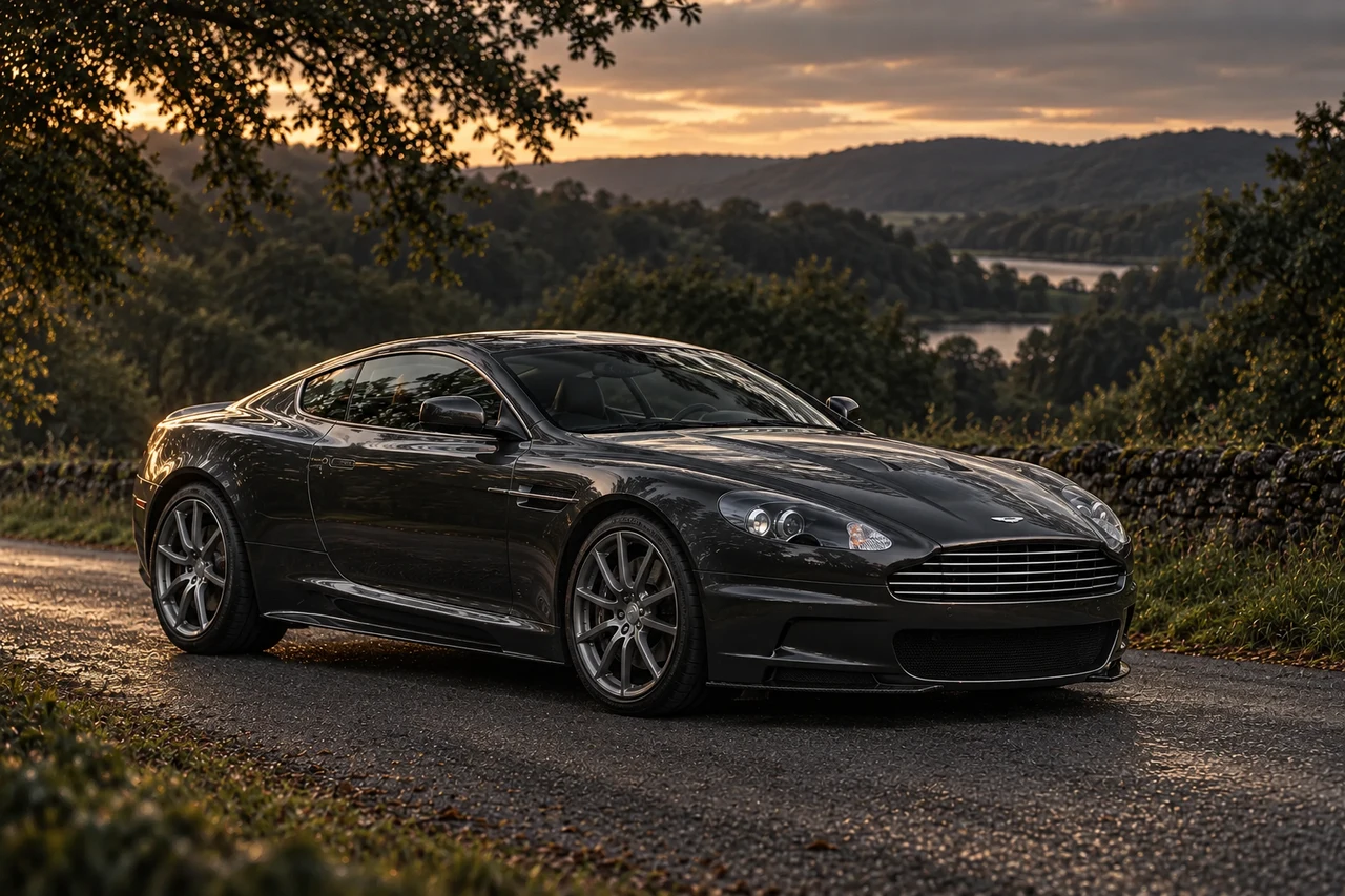 Aston Martin DBS Carbon Black Coupé (2010-2012), AI-generated editorial illustration in front three-quarter view facing right at dusk
