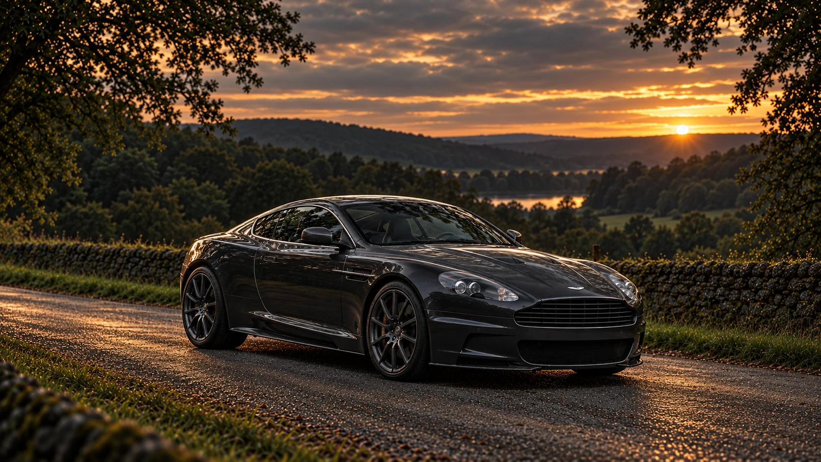 Aston Martin DBS Carbon Edition Coupé (2011-2012), AI-generated editorial illustration in front three-quarter view facing right at dusk
