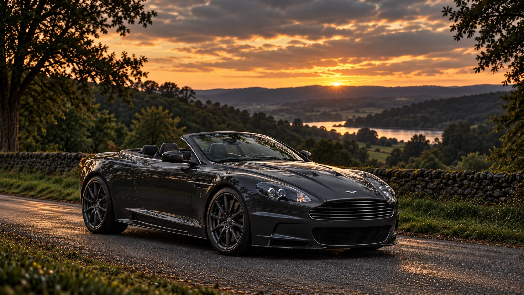 Aston Martin DBS Carbon Edition Volante (2011-2012), AI-generated editorial illustration in front three-quarter view facing right at dusk