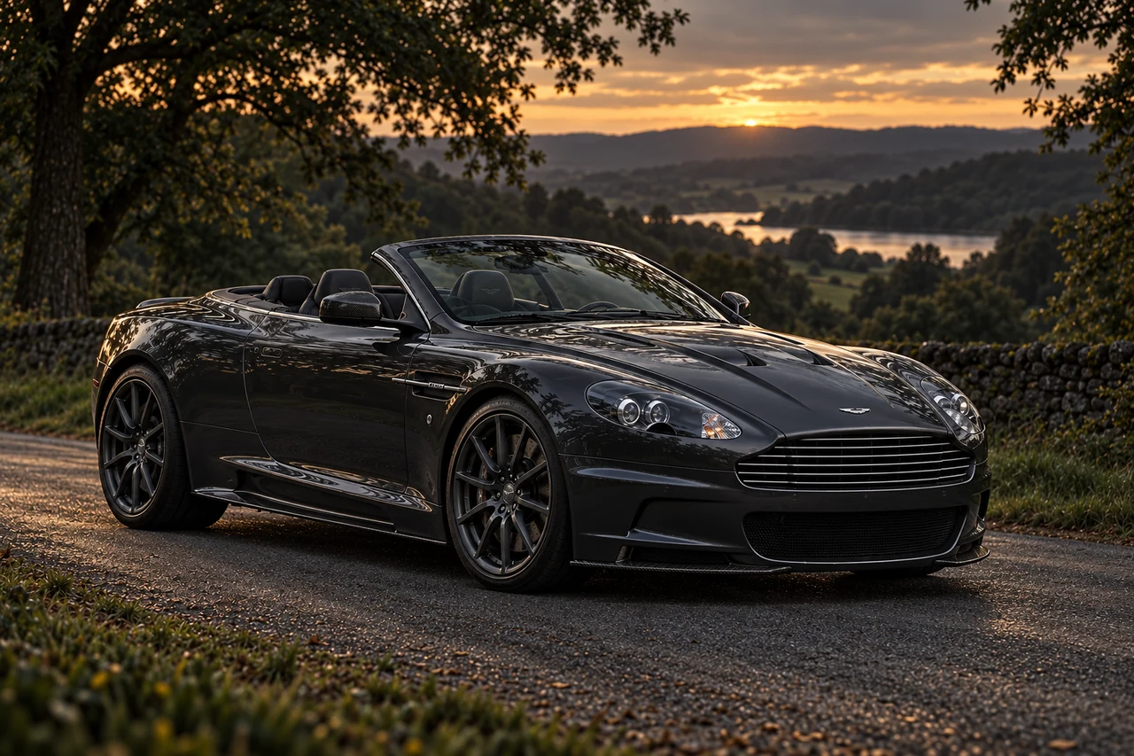 Aston Martin DBS Carbon Edition Volante (2011-2012), AI-generated editorial illustration in front three-quarter view facing right at dusk