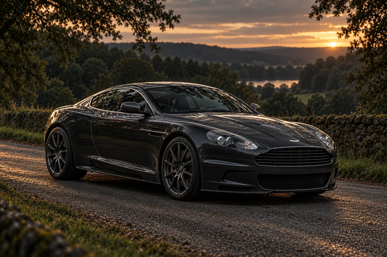 Aston Martin DBS Carbon Edition Coupé (2011-2012), AI-generated editorial illustration in front three-quarter view facing right at dusk