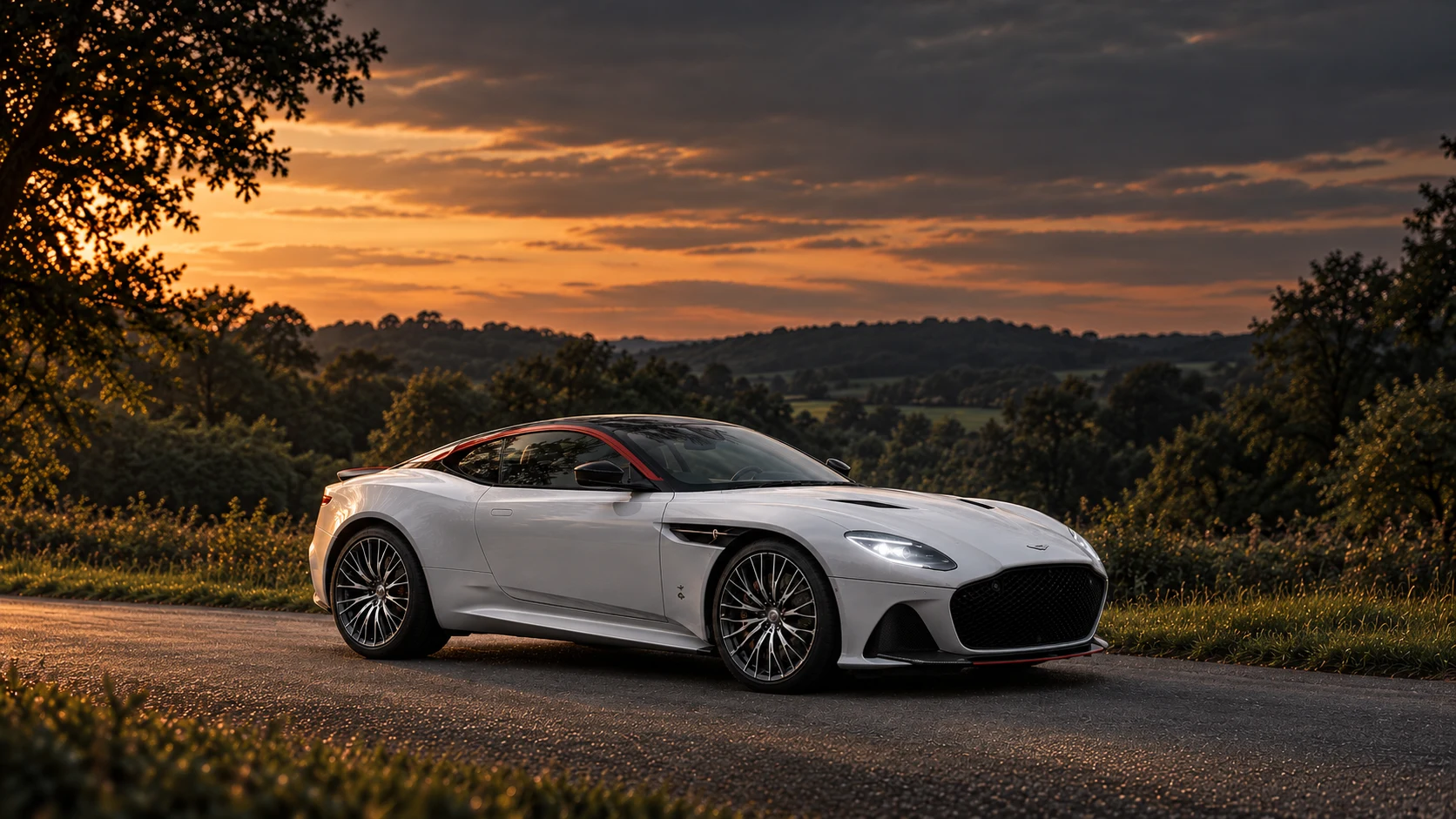 Aston Martin DBS Superleggera Concorde Edition (2019 announced series), AI-generated editorial illustration in front three-quarter view facing right at dusk
