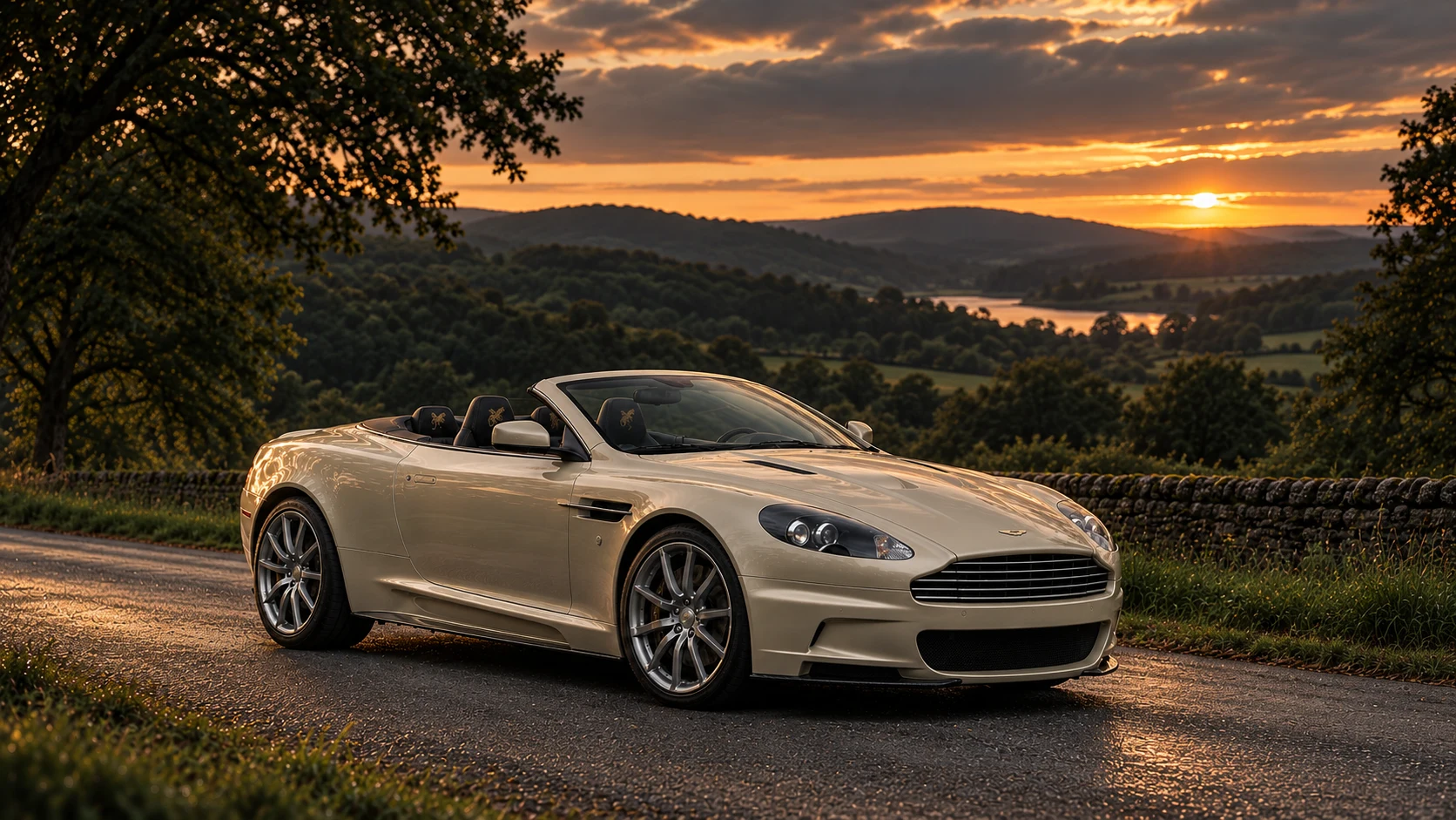 Aston Martin DBS Volante Dragon 88 (2012), AI-generated editorial illustration in front three-quarter view facing right at dusk