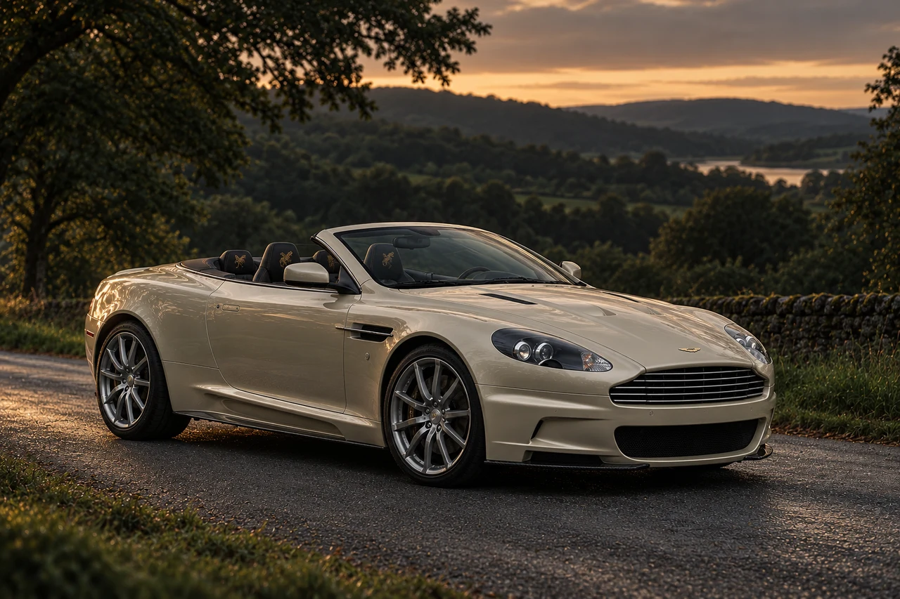 Aston Martin DBS Volante Dragon 88 (2012), AI-generated editorial illustration in front three-quarter view facing right at dusk