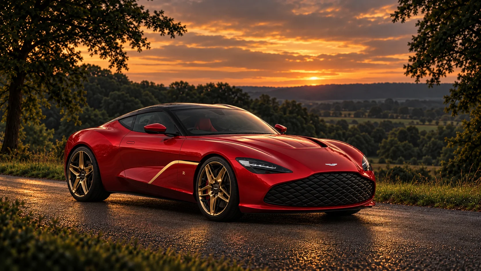 Aston Martin DBS GT Zagato (2019-2020 limited series), AI-generated editorial illustration in front three-quarter view facing right at dusk
