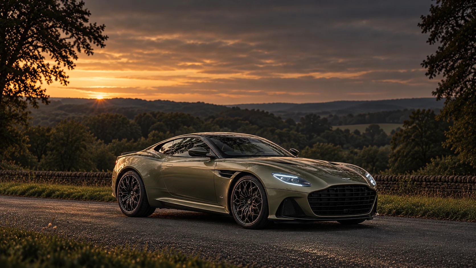 Aston Martin DBS Superleggera OHMSS Edition (2019 limited series), AI-generated editorial illustration in front three-quarter view facing right at dusk