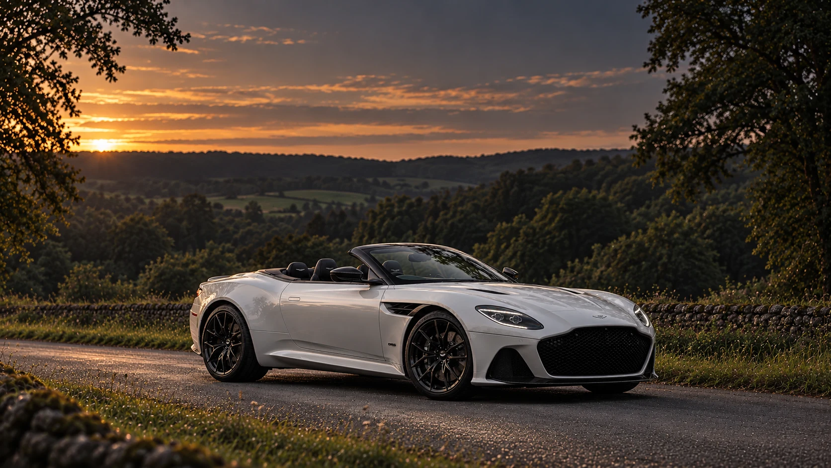 Aston Martin DBS Superleggera Volante (2019-2023), AI-generated editorial illustration in front three-quarter view facing right at dusk