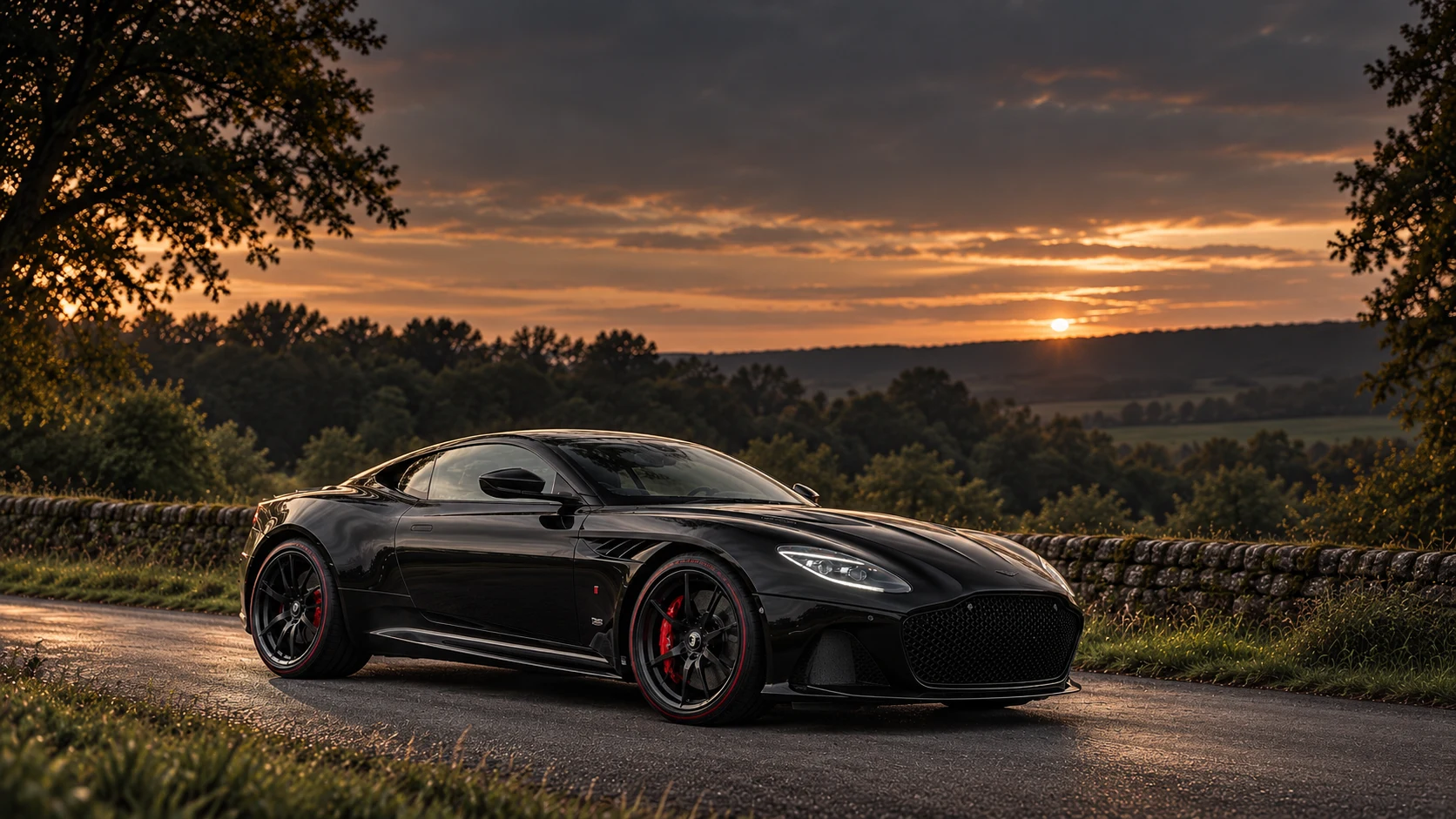 Aston Martin DBS Superleggera TAG Heuer Edition (2019 limited series), AI-generated editorial illustration in front three-quarter view facing right at dusk