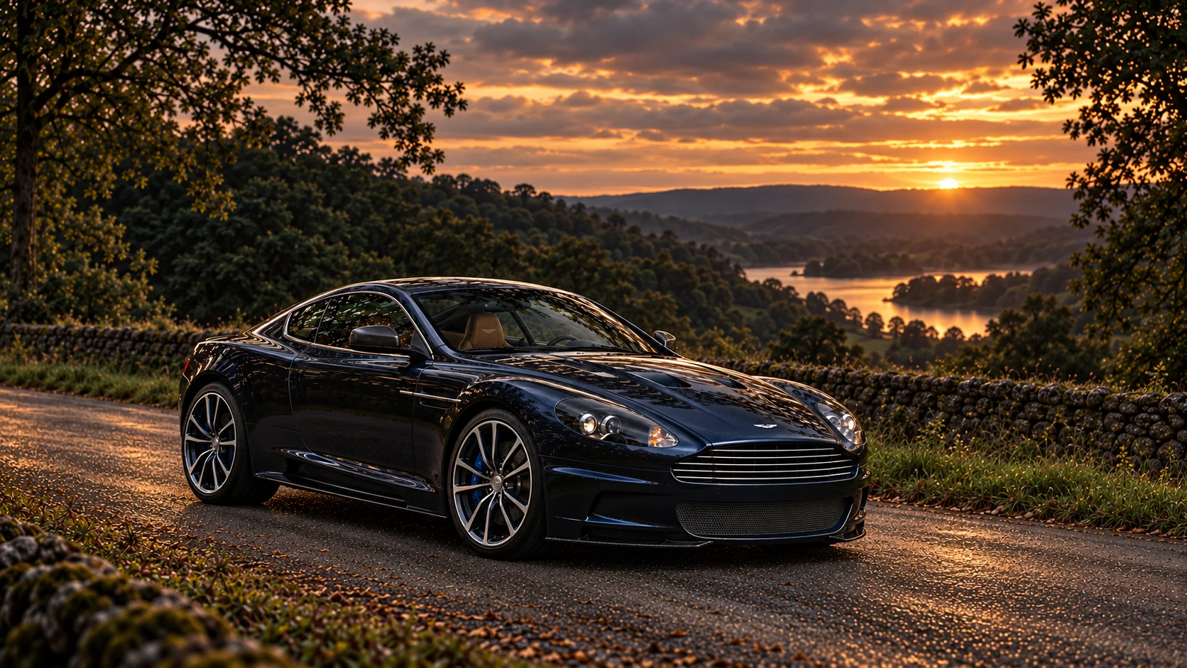 Aston Martin DBS UB-2010 Coupé (2010), AI-generated editorial illustration in front three-quarter view facing right at dusk