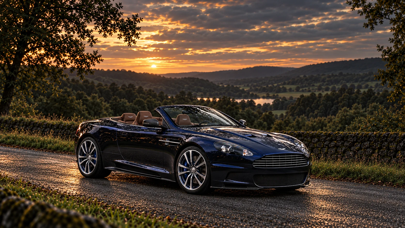 Aston Martin DBS UB-2010 Volante (2010), AI-generated editorial illustration in front three-quarter view facing right at dusk