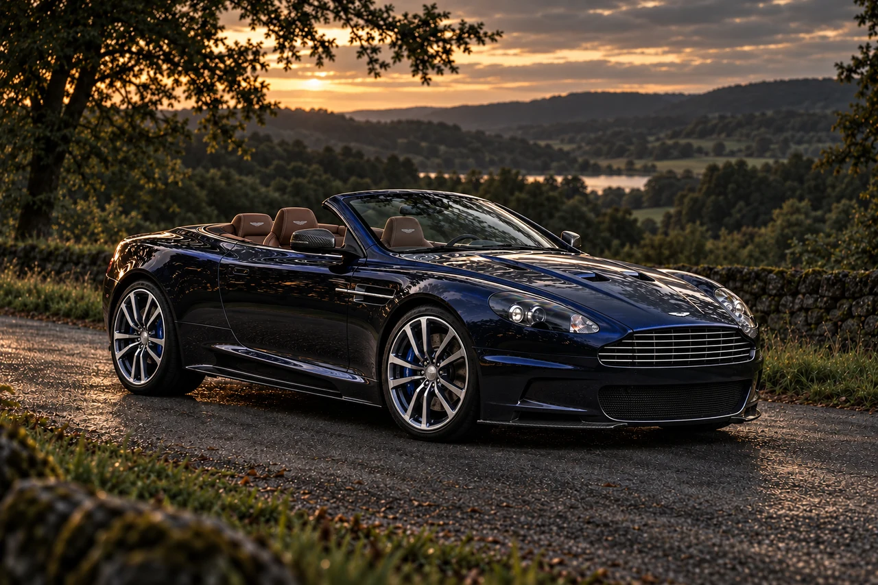 Aston Martin DBS UB-2010 Volante (2010), AI-generated editorial illustration in front three-quarter view facing right at dusk