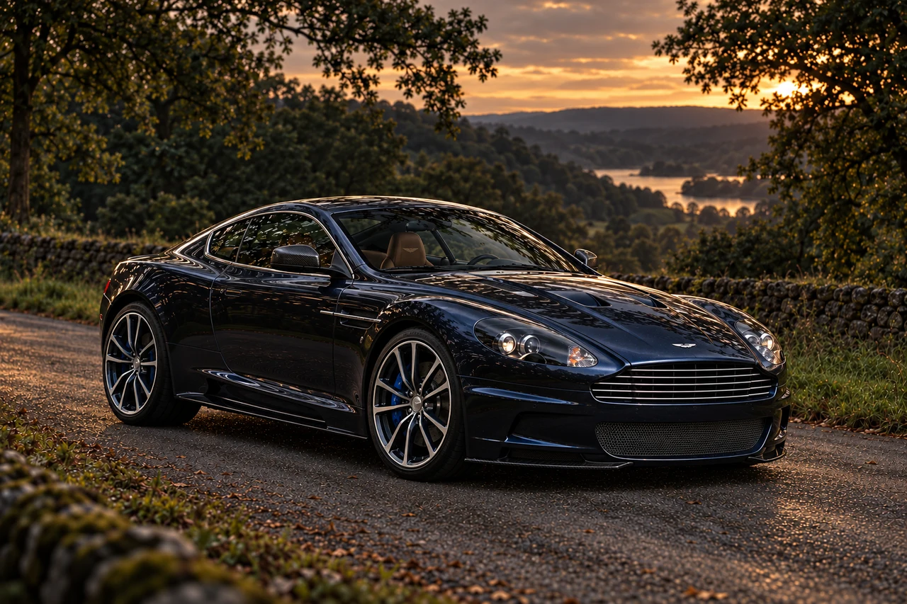 Aston Martin DBS UB-2010 Coupé (2010), AI-generated editorial illustration in front three-quarter view facing right at dusk