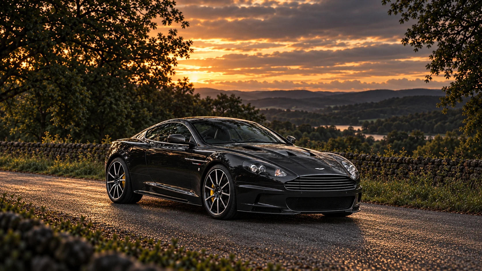 Aston Martin DBS Ultimate Coupé (2012), AI-generated editorial illustration in front three-quarter view facing right at dusk