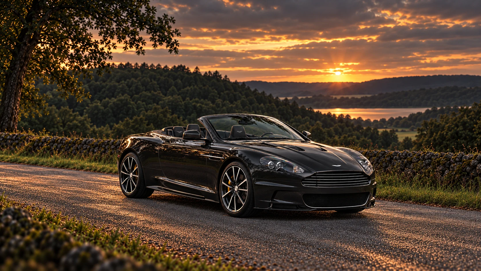 Aston Martin DBS Ultimate Volante (2012), AI-generated editorial illustration in front three-quarter view facing right at dusk