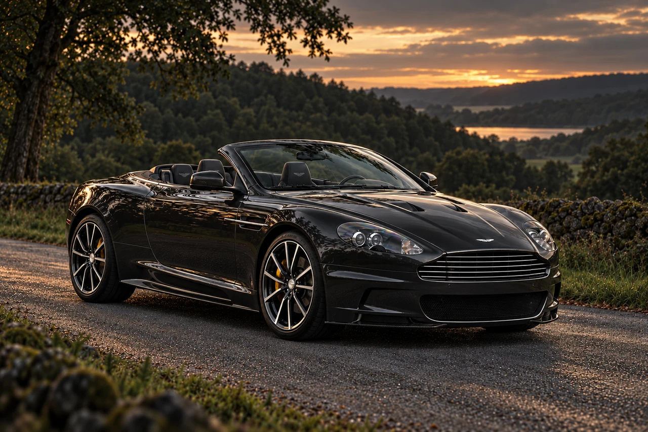 Aston Martin DBS Ultimate Volante (2012), AI-generated editorial illustration in front three-quarter view facing right at dusk