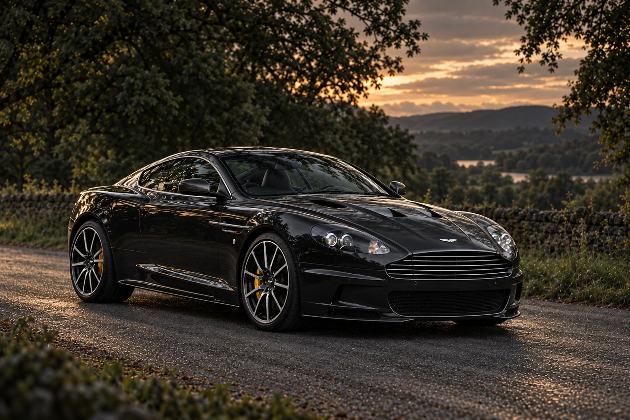 Aston Martin DBS Ultimate Coupé (2012), AI-generated editorial illustration in front three-quarter view facing right at dusk
