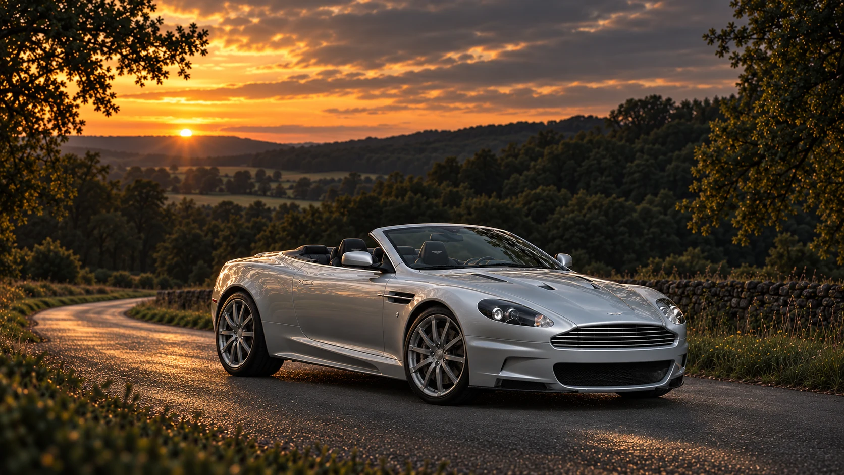 Aston Martin DBS Volante (2009-2012), AI-generated editorial illustration in front three-quarter view facing right at dusk