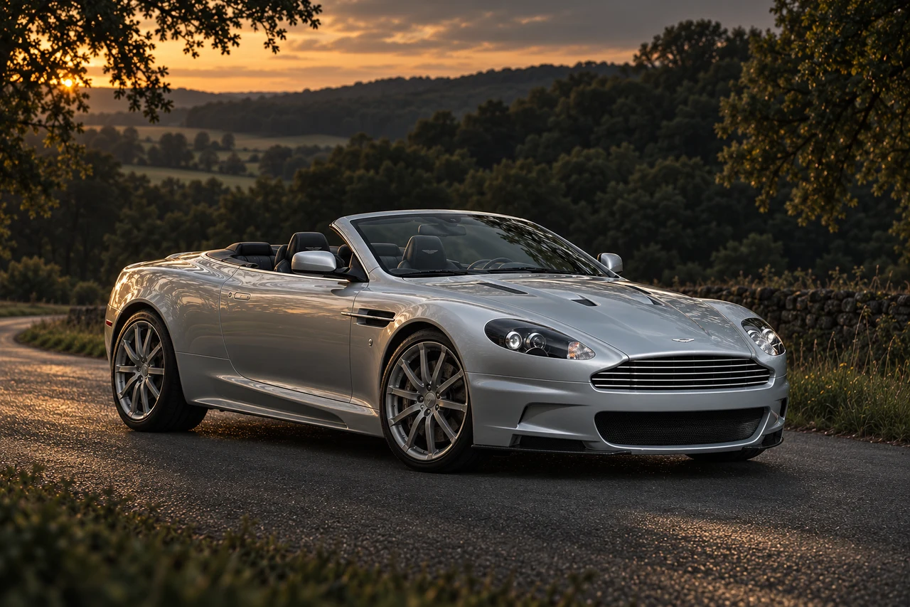 Aston Martin DBS Volante (2009-2012), AI-generated editorial illustration in front three-quarter view facing right at dusk