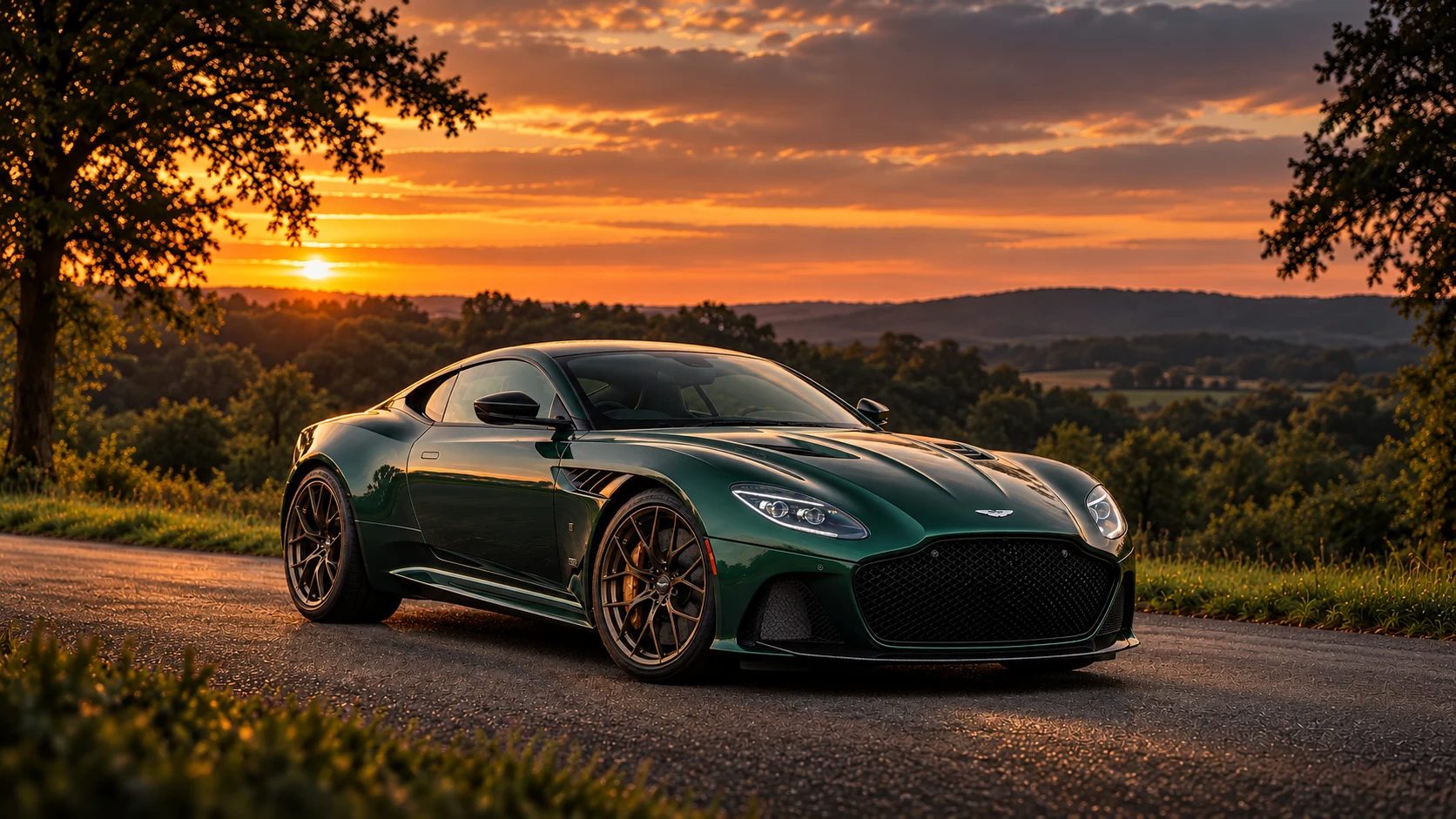 Aston Martin DBS 59 (2019 limited series), AI-generated editorial illustration in front three-quarter view facing right at dusk