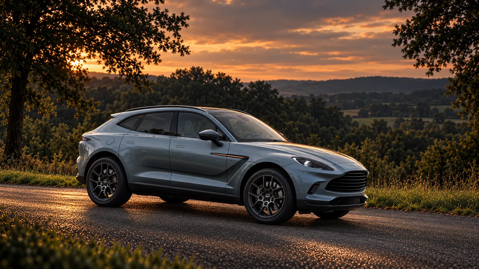 Aston Martin DBX Bowmore Edition (2021), AI-generated editorial illustration in front three-quarter view facing right at dusk