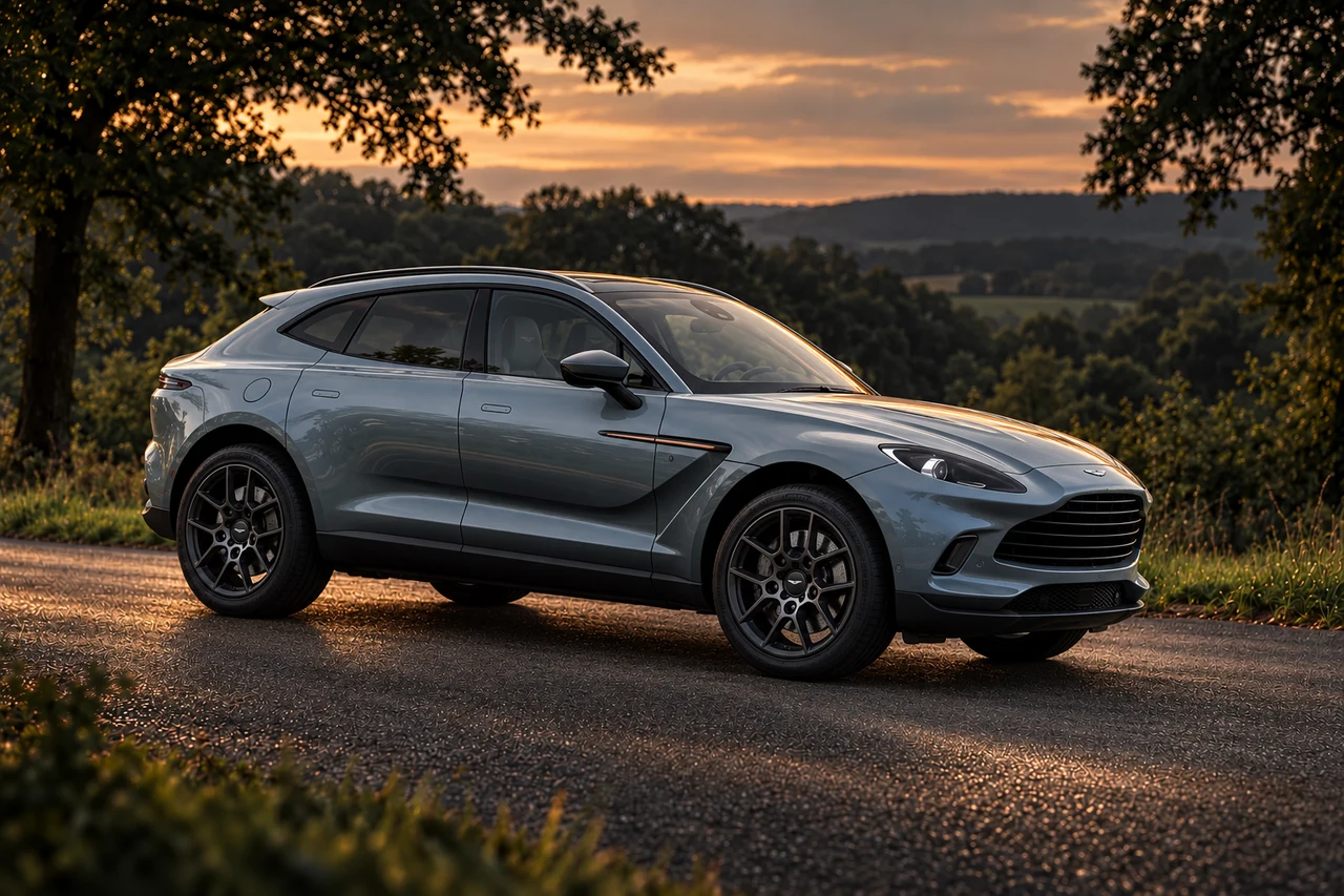 Aston Martin DBX Bowmore Edition (2021), AI-generated editorial illustration in front three-quarter view facing right at dusk