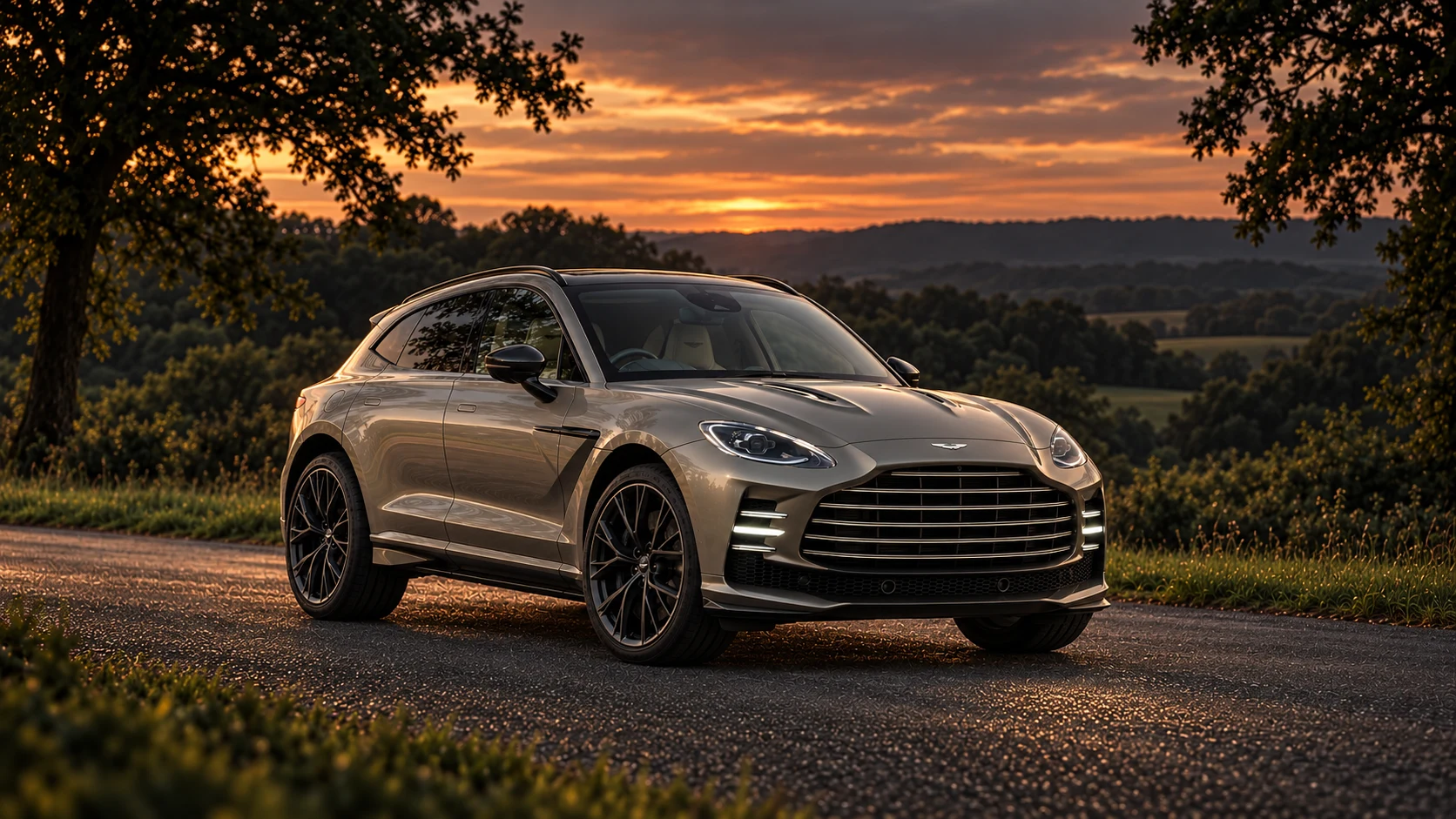 Aston Martin DBX GT (2026 announced), AI-generated editorial illustration in front three-quarter view facing right at dusk