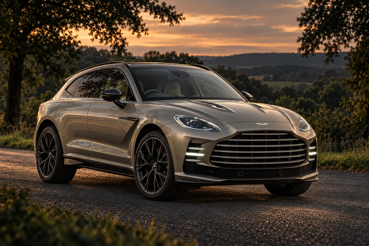 Aston Martin DBX GT (2026 announced), AI-generated editorial illustration in front three-quarter view facing right at dusk