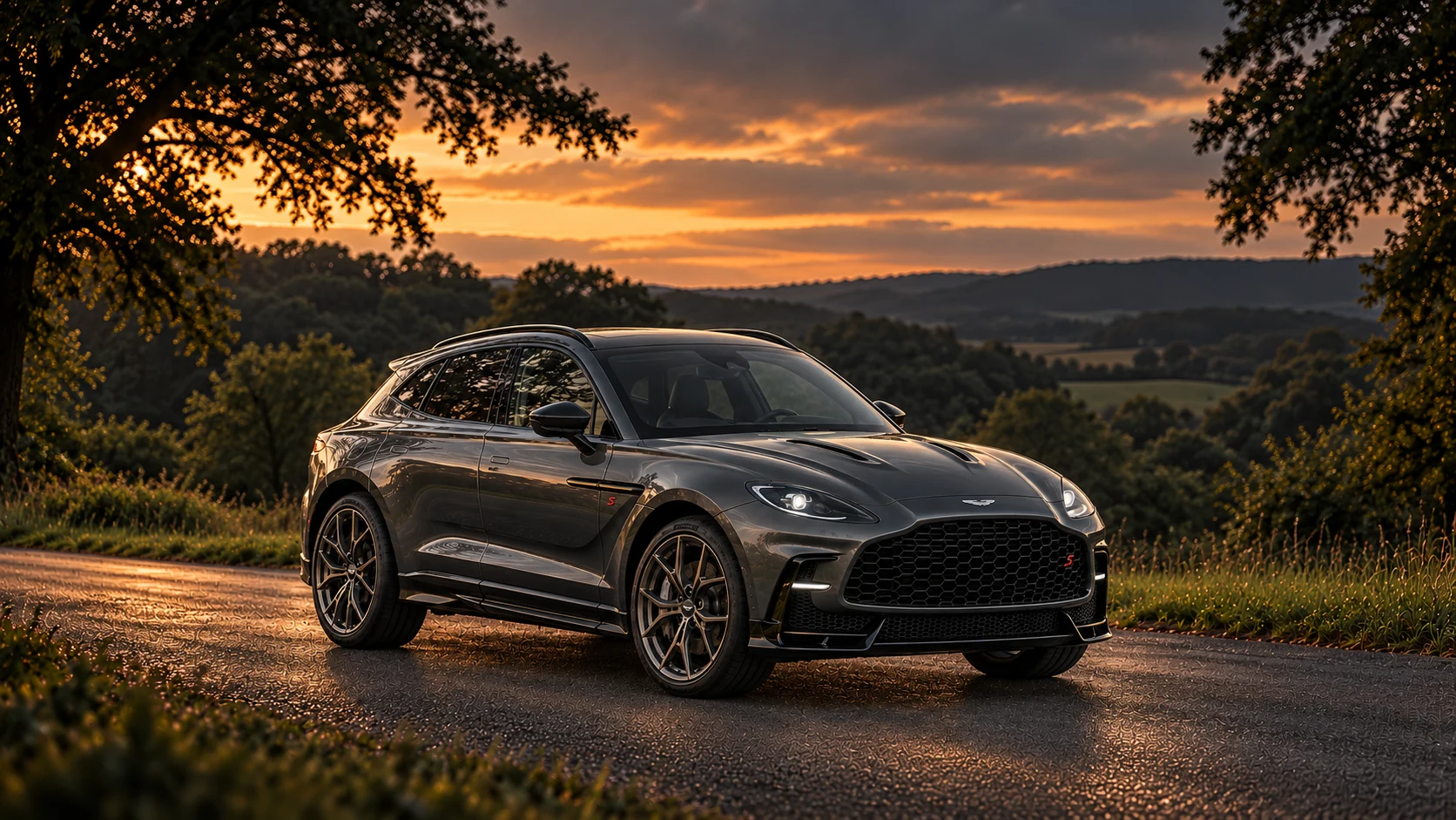 Aston Martin DBX S (2025-present), AI-generated editorial illustration in front three-quarter view facing right at dusk