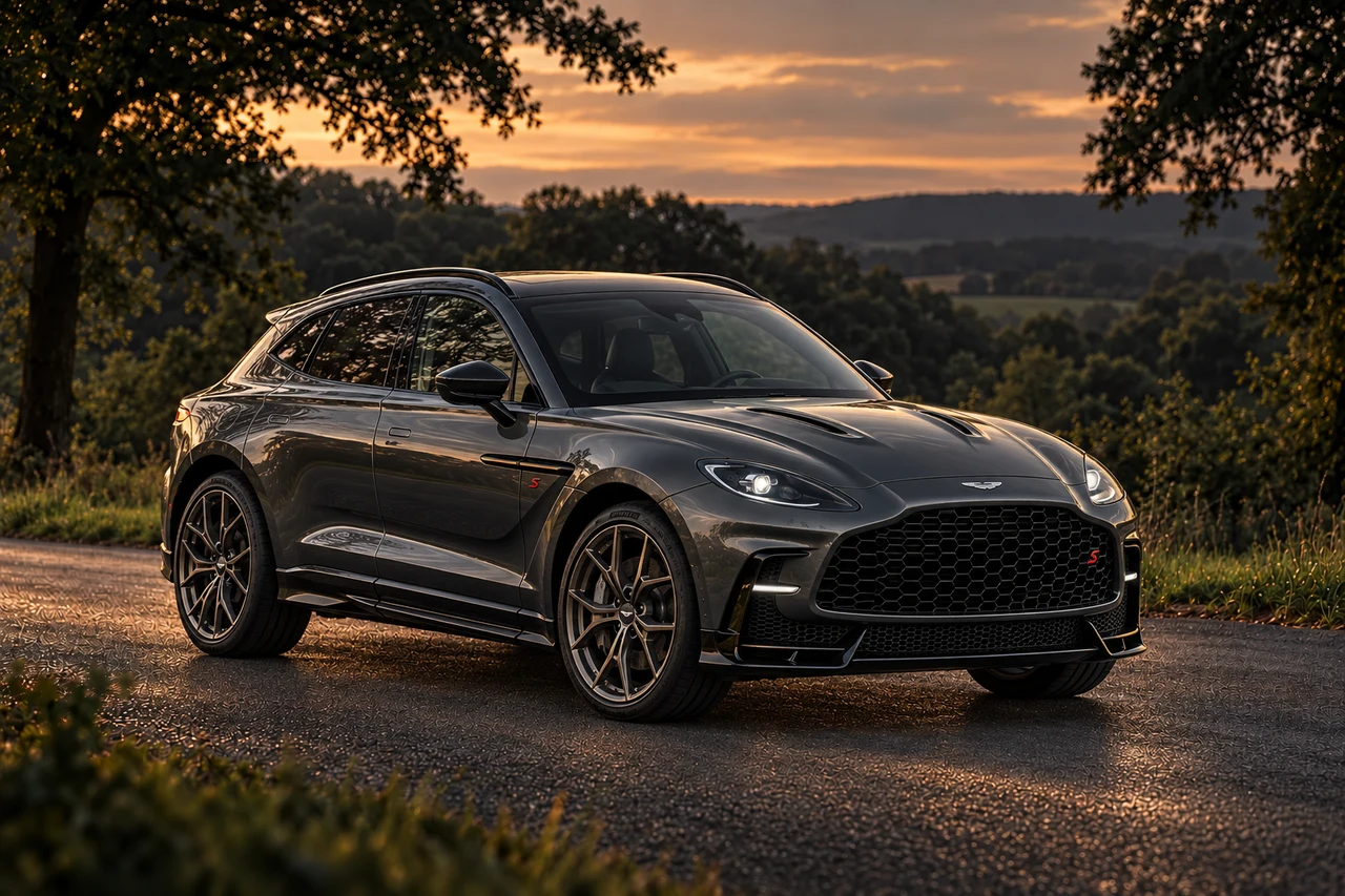 Aston Martin DBX S (2025-present), AI-generated editorial illustration in front three-quarter view facing right at dusk