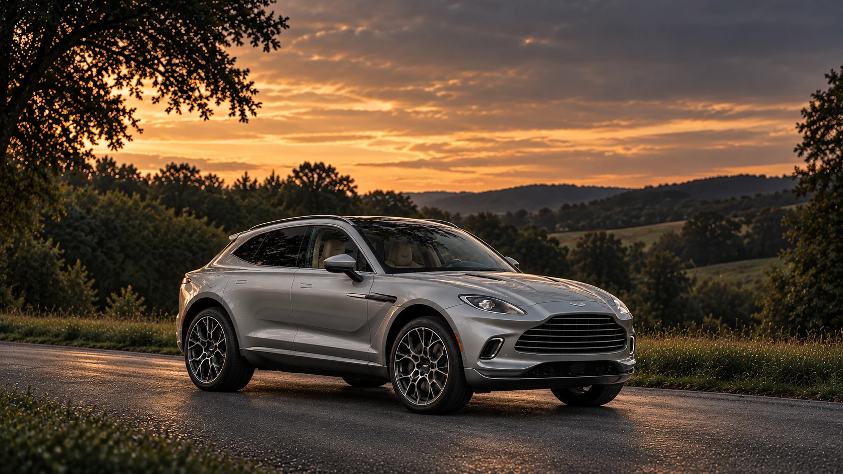 Aston Martin DBX Straight-Six (2021-2023), AI-generated editorial illustration in front three-quarter view facing right at dusk