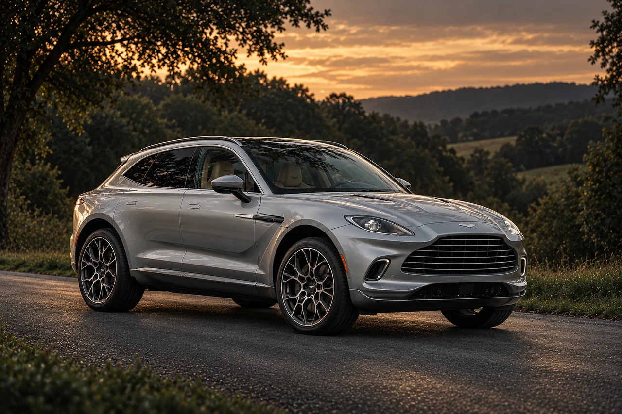 Aston Martin DBX Straight-Six (2021-2023), AI-generated editorial illustration in front three-quarter view facing right at dusk
