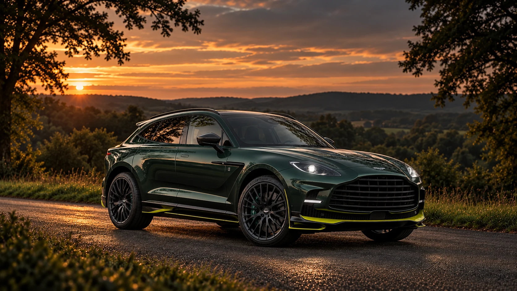 Aston Martin DBX707 AMR23 Edition (2023), AI-generated editorial illustration in front three-quarter view facing right at dusk