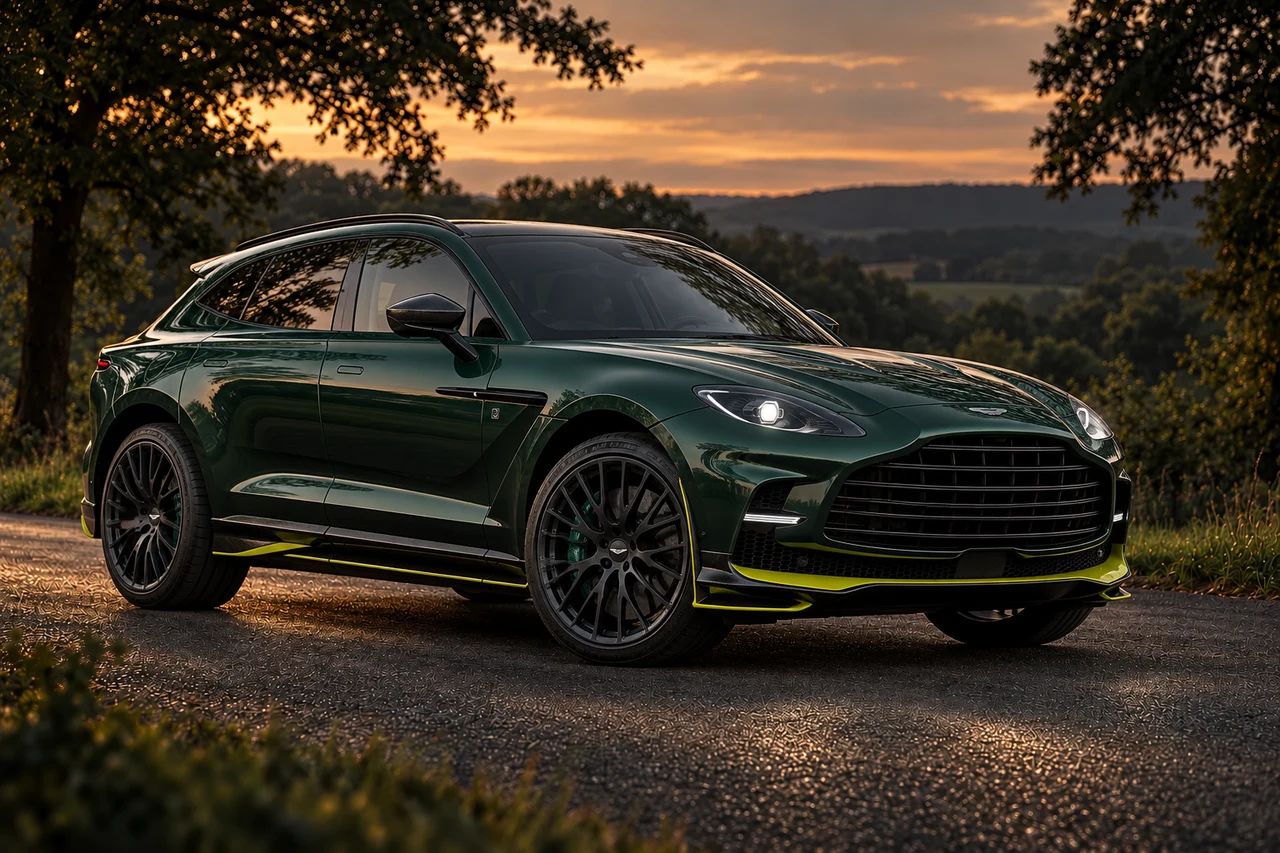 Aston Martin DBX707 AMR23 Edition (2023), AI-generated editorial illustration in front three-quarter view facing right at dusk