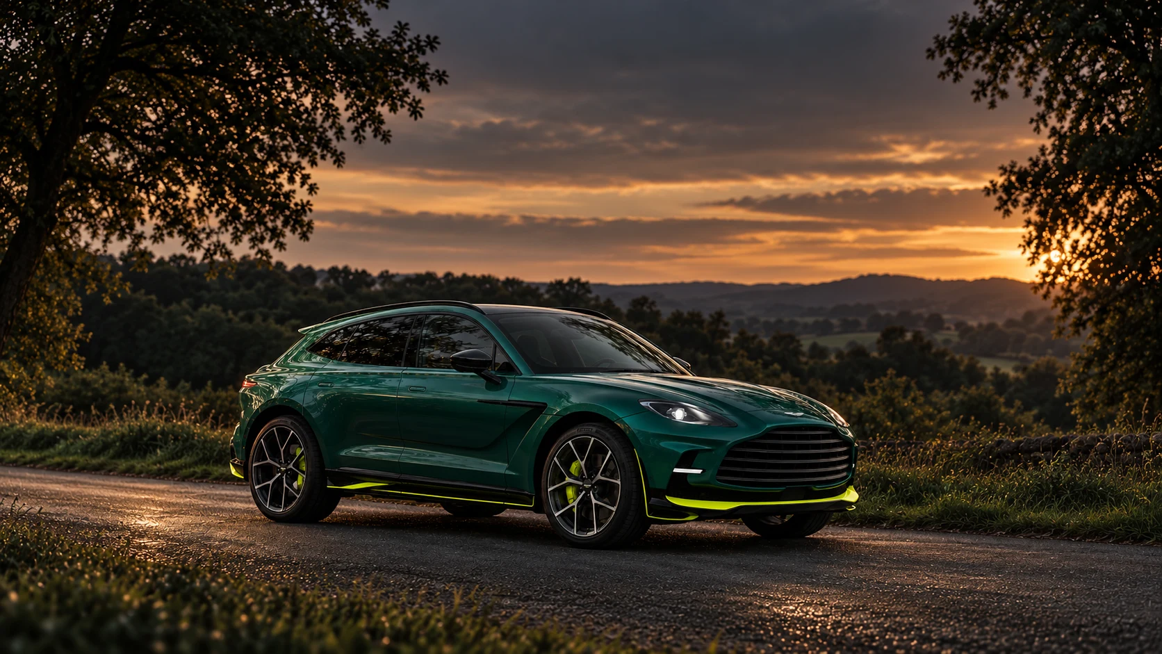 Aston Martin DBX707 AMR24 Edition (2024), AI-generated editorial illustration in front three-quarter view facing right at dusk