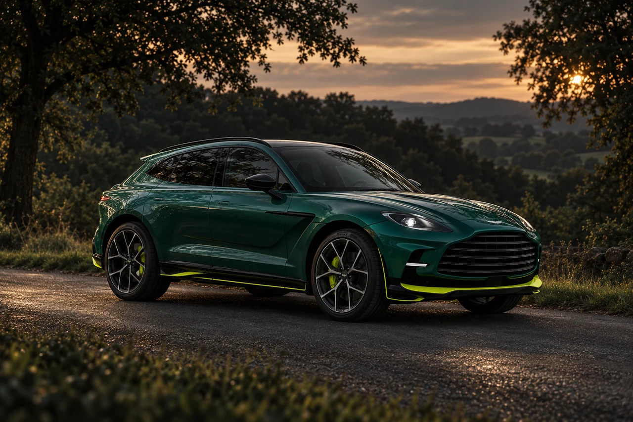 Aston Martin DBX707 AMR24 Edition (2024), AI-generated editorial illustration in front three-quarter view facing right at dusk
