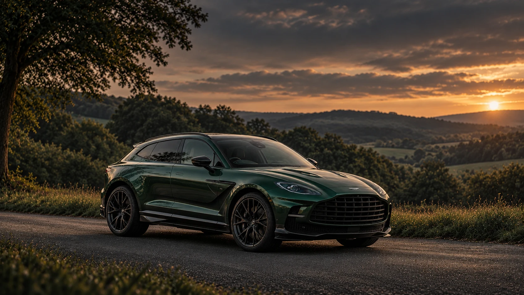 Aston Martin DBX707 (2022-present), AI-generated editorial illustration in front three-quarter view facing right at dusk