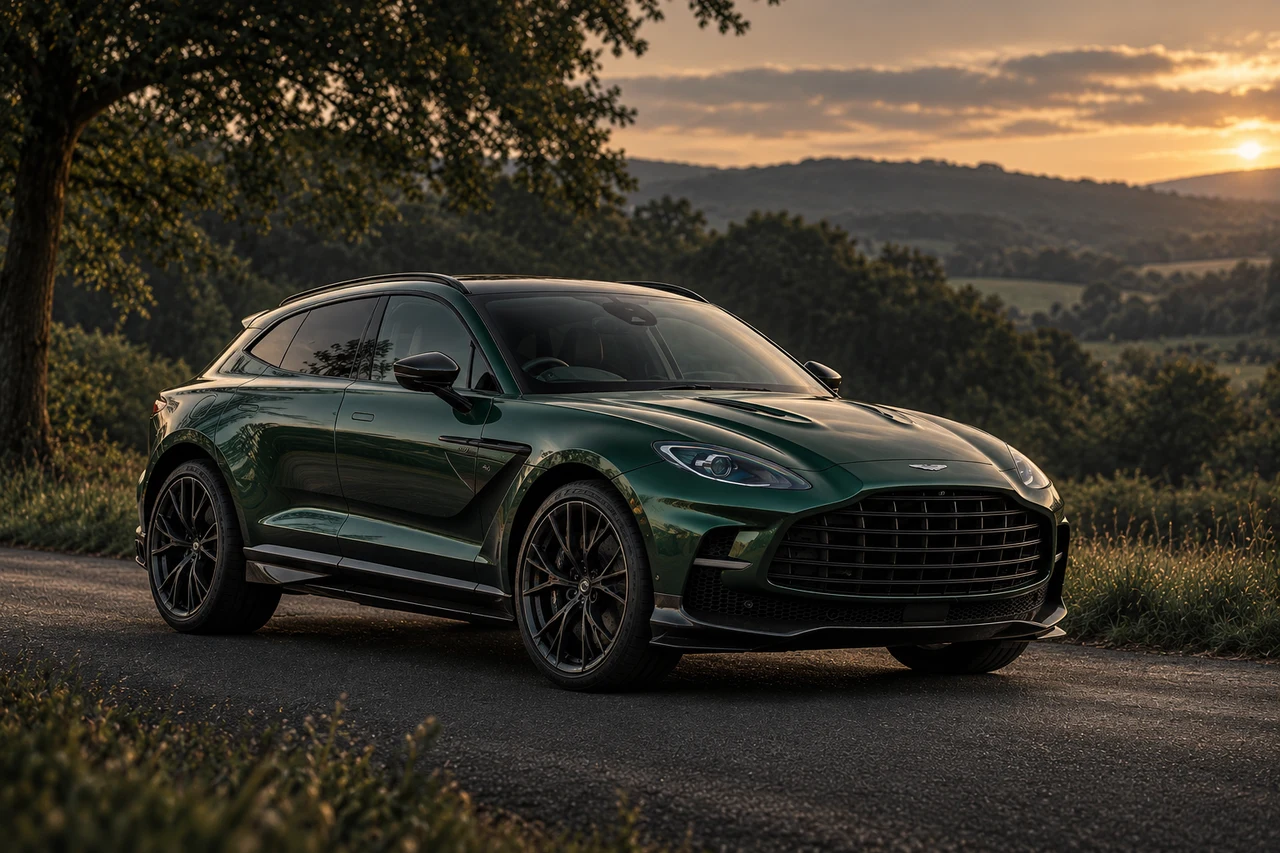 Aston Martin DBX707 (2022-present), AI-generated editorial illustration in front three-quarter view facing right at dusk