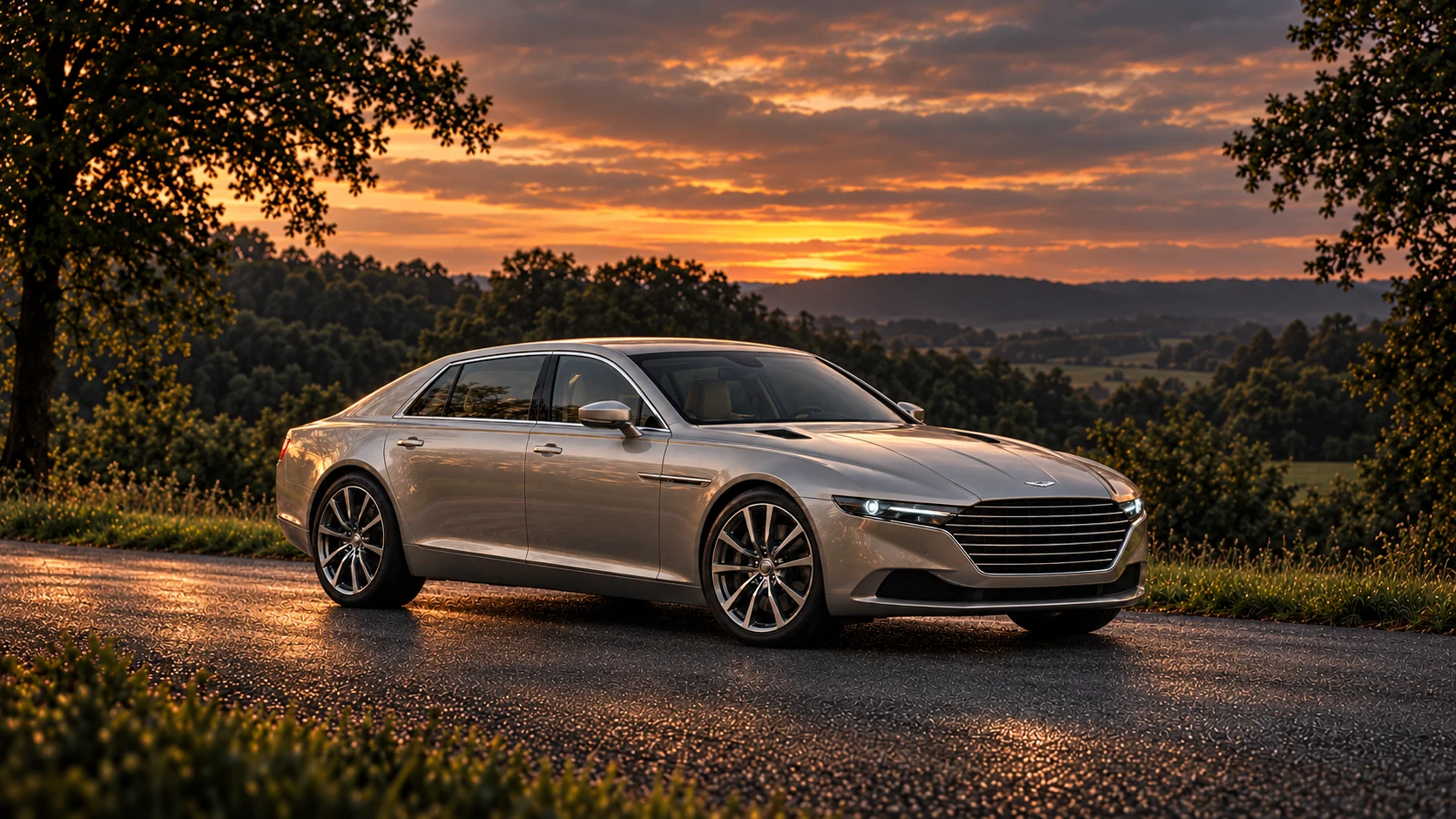 Aston Martin Lagonda Taraf (2015-2016), AI-generated editorial illustration in front three-quarter view facing right at dusk